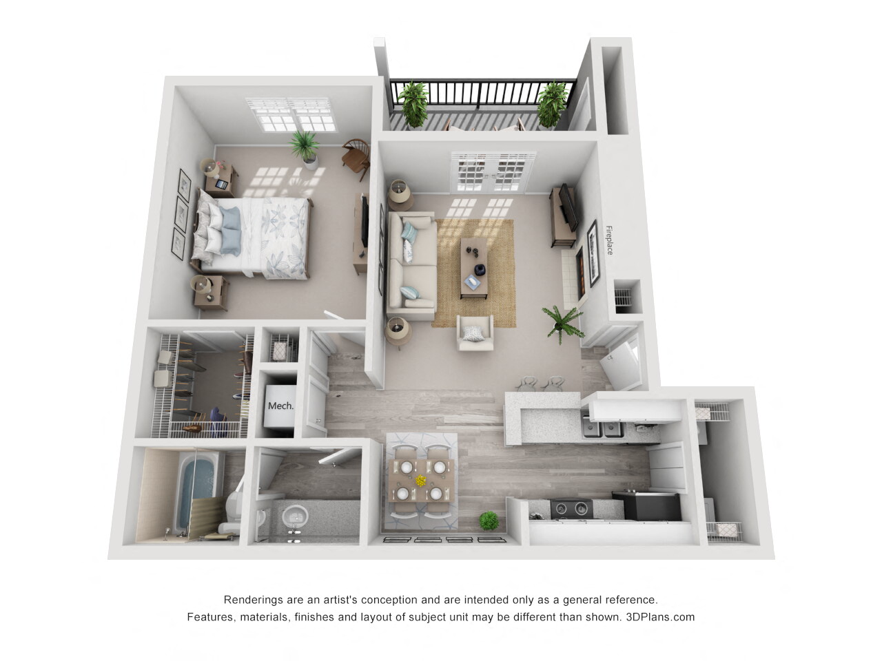Floor plan for 1 bed, 1 bath, 674 sqft
